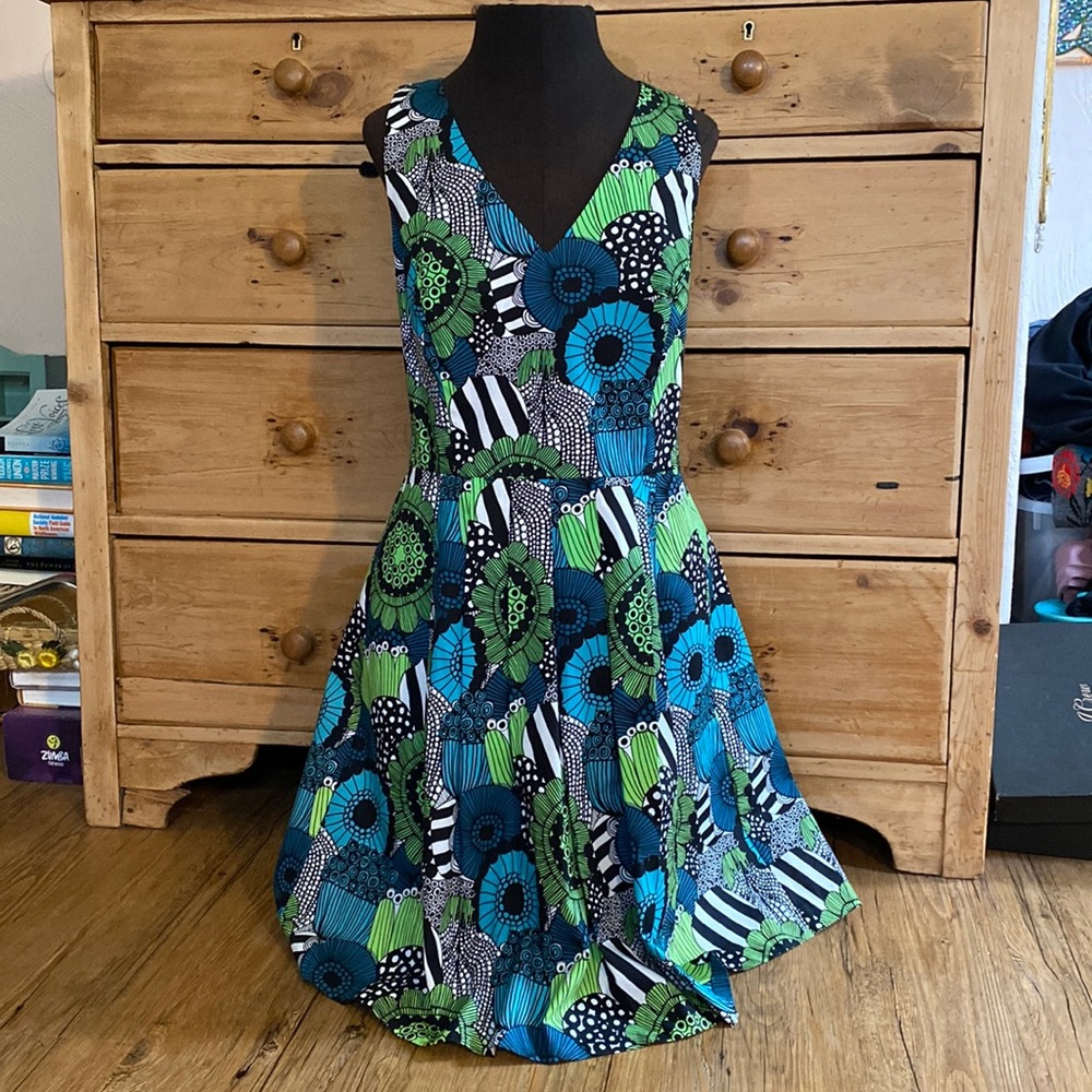Banana Republic x Marimekko Collab Green Blue Black Sleeveless Dress 8 NWT